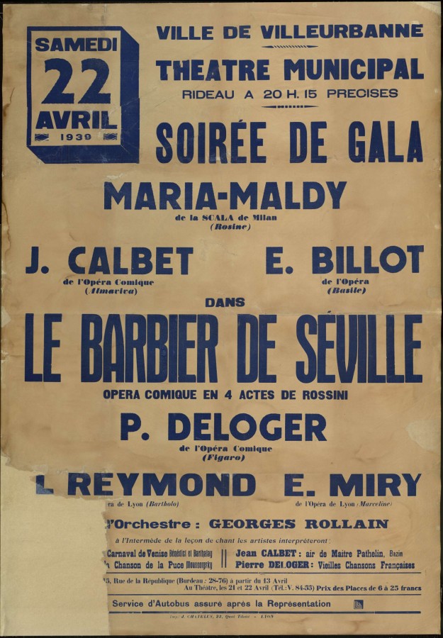 Affiche de loprette  Le Barbier de Sville , 22 avril 1939