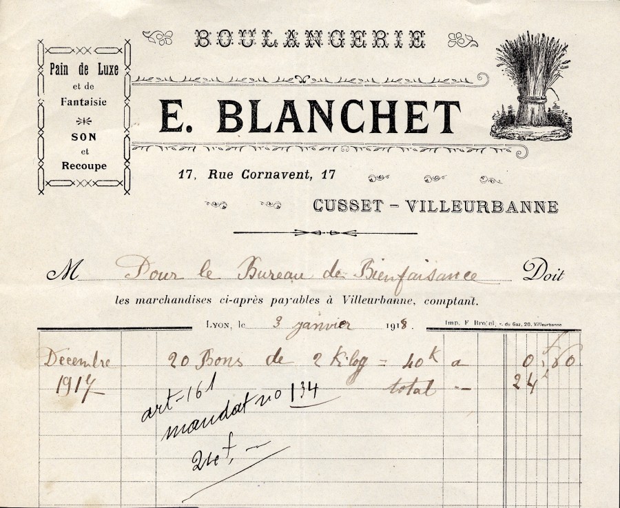 Bon de commande  un boulanger villeurbannais, documents papier, 1914,  AMV  Le Rize. 