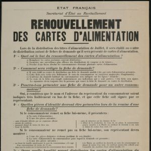 Renouvellement des cartes d’alimentations (Campagne d’information relative aux titres d’alimentation), affiche, 60x40 cm, 1941, AMV – Le Rize.