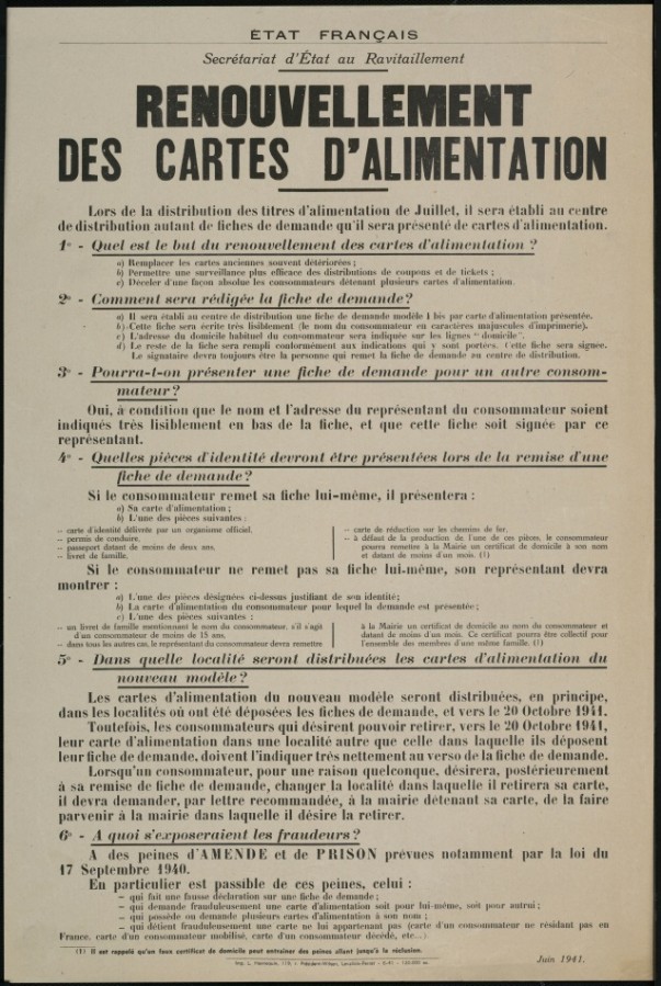 Renouvellement des cartes dalimentations (Campagne dinformation relative aux titres dalimentation), affiche, 60x40 cm, 1941, AMV  Le Rize.