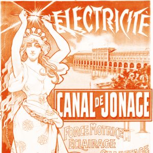 Affiche "Electricité canal de Jonage - Force motrice éclairage chauffage" ,Tamagno,1900, Camis. Fonds documentaire EDF. 