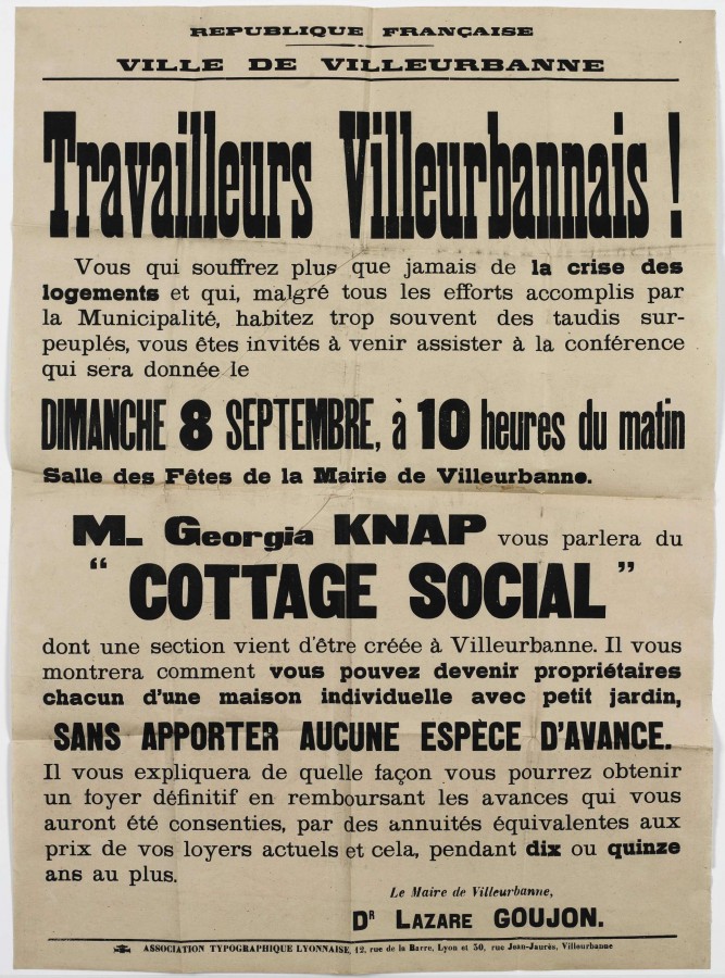 Affiche "Travailleurs villeurbannais...M. Georgia Knap vous parlera du cottage social". Affiche. Archives municipales de Villeurbanne / le Rize, 1 O 99. 