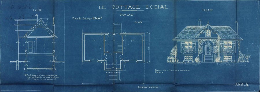 Plan type d'un "cottage social". Diazographie ("plan au bleu"). Archives municipales de Villeurbanne / Le Rize, 1 O 99