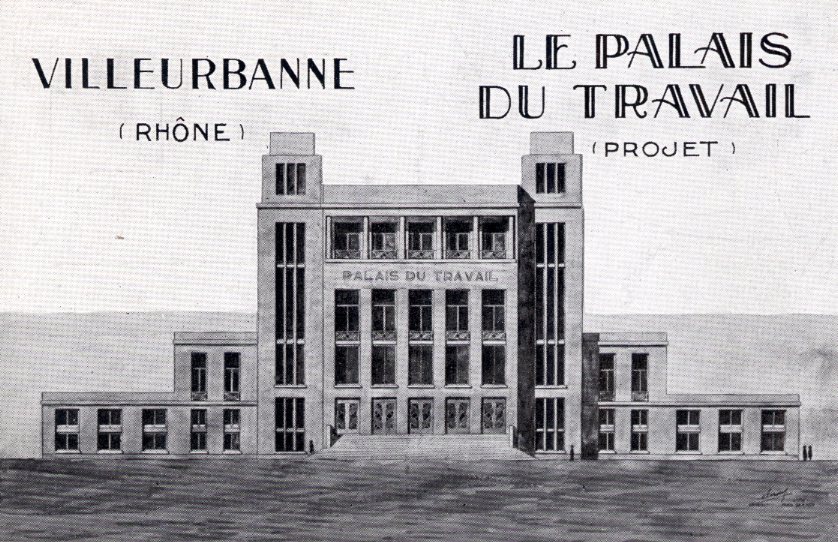 Palais du travail, projet initial de Mrice Leroux, 1928. Carte postale. Archives municipales de Villeurbanne / Le Rize, 2 Fi 357.