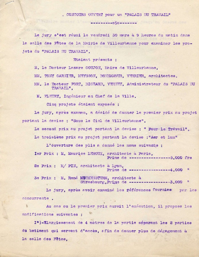 Compte-rendu de runion du jury pour le choix de larchitecte du Palais du travail, 30 mars 1928. 