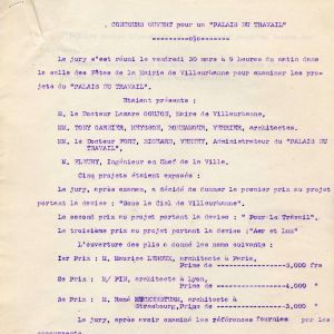 Compte-rendu de réunion du jury pour le choix de l’architecte du Palais du travail, 30 mars 1928. 