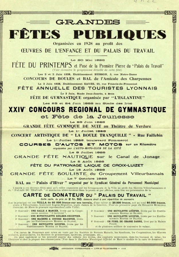 Annonce des grandes ftes publiques et de la pose de la premire pierre du Palais du travail, 1928. Affiche. 