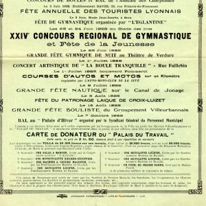Annonce des grandes fêtes publiques et de la pose de la première pierre du Palais du travail, 1928. Affiche. 