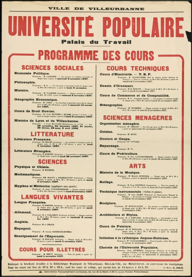 Affiche du programme des cours de l'universit populaire, A.T.L. [diteur], 1937. Archives municipales de Villeurbanne, 8 Fi 170 	