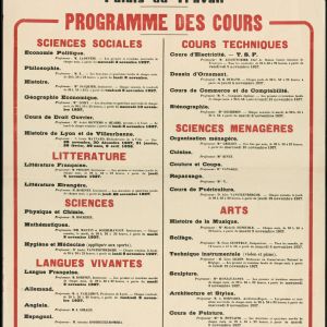 Affiche du programme des cours de l'université populaire, A.T.L. [Éditeur], 1937. Archives municipales de Villeurbanne, 8 Fi 170 	