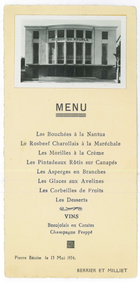 Maison du Peuple de Pierre-Bnite, menu du banquet inaugural, 1934. Archives municipales de Pierre-Bnite.