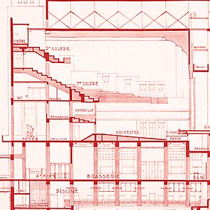 Coupe longitudinale du Palais du travail, 1932 rectifié en 1934. Plan. Archives municipales de Villeurbanne / le Rize, 4 Fi 427 