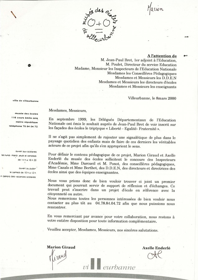 Courriers du Muse des coles, 2001. Archives municipales de Villeurbanne / Le Rize.