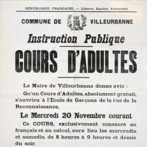 Commune de Villeurbanne : instruction publique : cours d'adultes, 1907. AMV / Le Rize, 8 Fi 100.