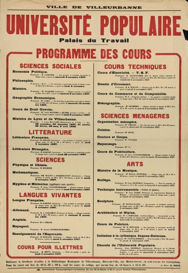 Affiche du programme des cours de l'universit populaire, A.T.L. [diteur], 1937. Archives municipales de Villeurbanne, 8 Fi 170
