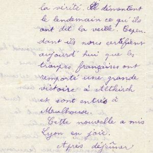 Lettre d’Arsène Goujon adressée à son père Lazare Goujon, 9 août 1914. AMV, fonds R. Fisher, 13Z1 - 2/4