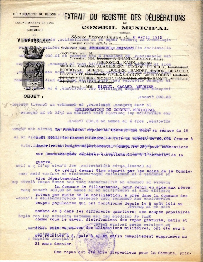 Dlibration du conseil municipal, "secours aux familles ncessiteuses pendant la guerre", 8 avril 1915. AMV, 1D274 - 1/2