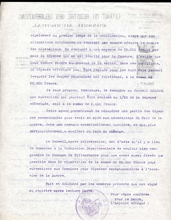 Dlibration du conseil municipal, "secours aux familles ncessiteuses pendant la guerre", 8 avril 1915. AMV, 1D274 - 2/2