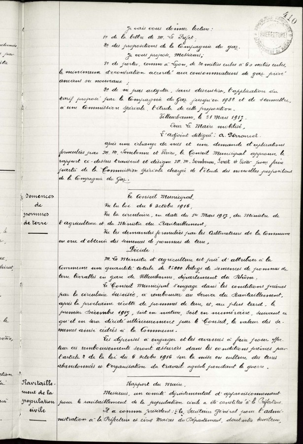 Dlibration du conseil municipal, "semences de pommes de terre" 2 avril 1917. AMV, 1D 274