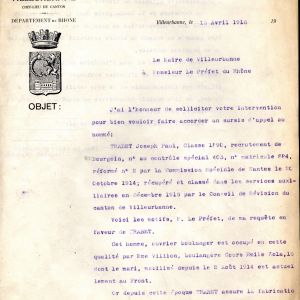 Lettre du maire de Villeurbanne au préfet du Rhône, 13 avril 1916. AMV, 2K655 - 1/2