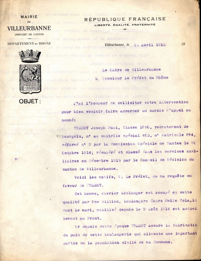 Lettre du maire de Villeurbanne au prfet du Rhne, 13 avril 1916. AMV, 2K655 - 1/2