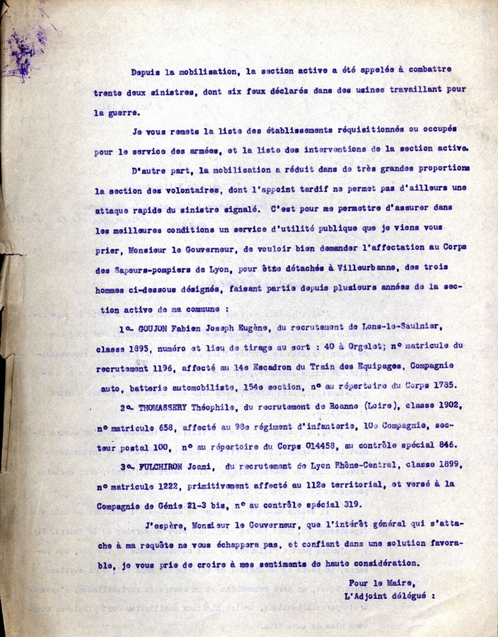Lettre du maire de Villeurbanne adress au ministre de la guerre, 8 juillet 1915. AMV, 2K655 - 2/2