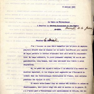 Lettre du maire de Villeurbanne adressé au ministre de la guerre, 8 juillet 1915. AMV, 2K655 - 1/2