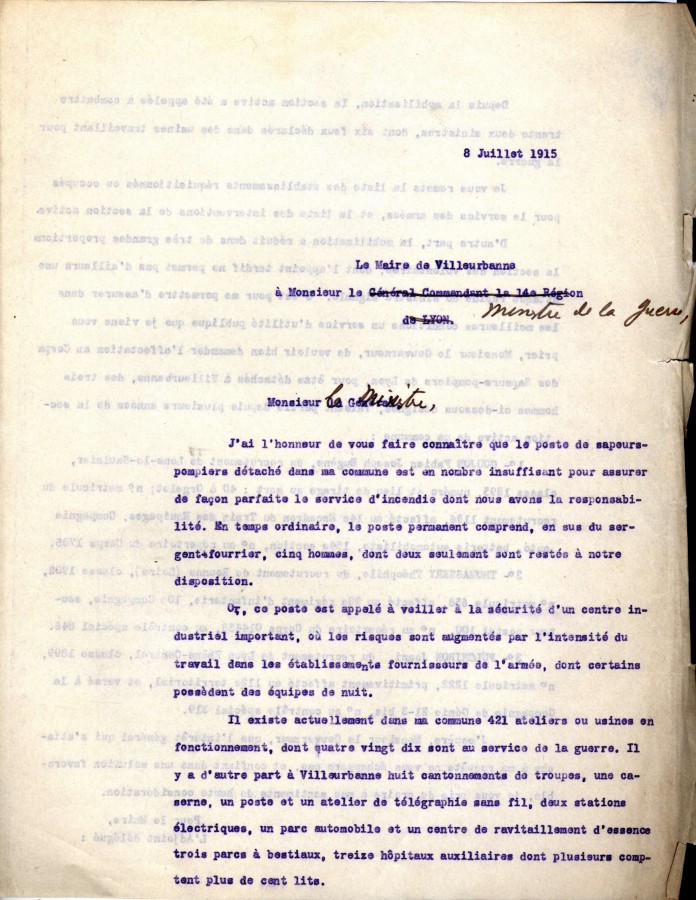 Lettre du maire de Villeurbanne adress au ministre de la guerre, 8 juillet 1915. AMV, 2K655 - 1/2