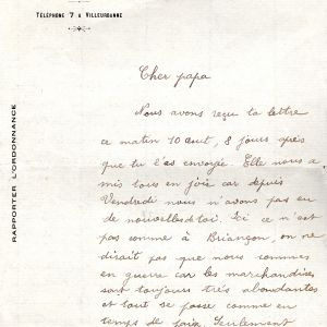 Lettre d’Arsène Goujon adressée à son père Lazare, 10 août 1914. AMV, fonds R. Fisher, 13Z1 - 1/2