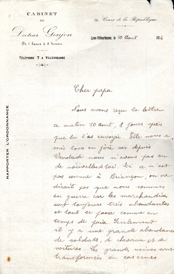 Lettre dArsne Goujon adresse  son pre Lazare, 10 aot 1914. AMV, fonds R. Fisher, 13Z1 - 1/2