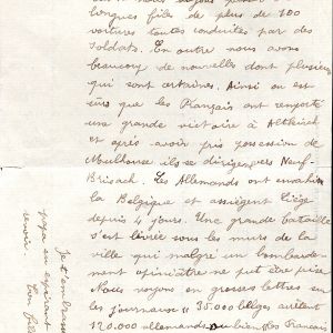 Lettre d’Arsène Goujon adressée à son père Lazare, 10 août 1914. AMV, fonds R. Fisher, 13Z1 - 2/2