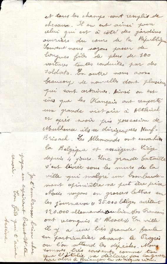 Lettre dArsne Goujon adresse  son pre Lazare, 10 aot 1914. AMV, fonds R. Fisher, 13Z1 - 2/2