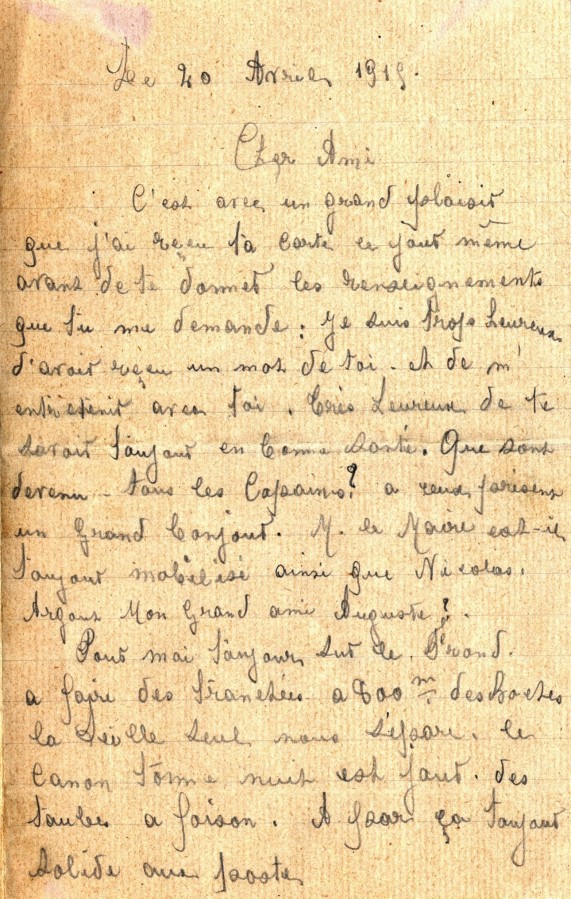 Lettre de Franois Tourdot, garde champtre de Villeurbanne, adresse  un collgue, 20 avril 1915. AMV, 2K655 - 1/4