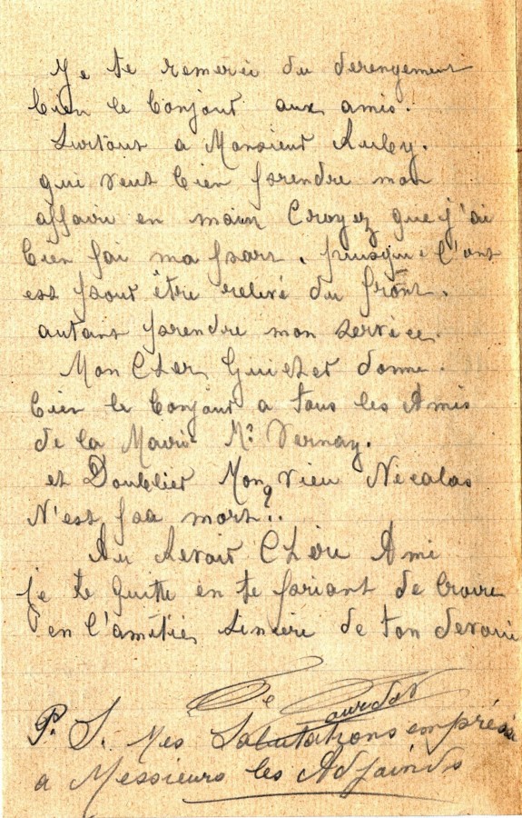 Lettre de Franois Tourdot, garde champtre de Villeurbanne, adresse  un collgue, 20 avril 1915. AMV, 2K655 - 4/4