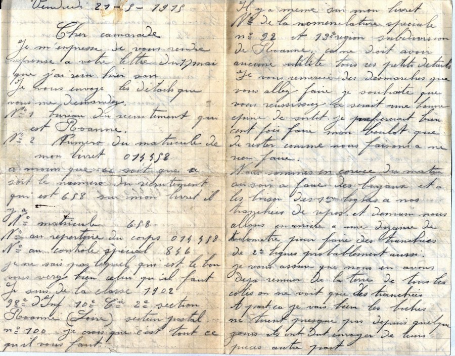 Lettre de Thophile Thomassery,  sapeur-pompier, 21 mai 1915. AMV, 2K 655 - 1/2