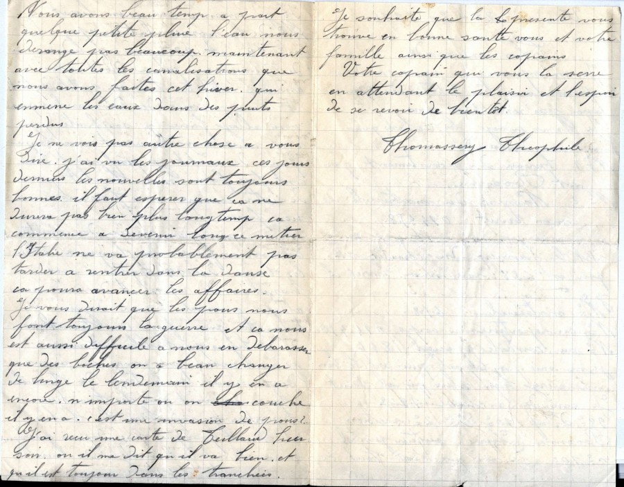 Lettre de Thophile Thomassery, sapeur-pompier, 21 mai 1915. AMV, 2K 655 - 2/2