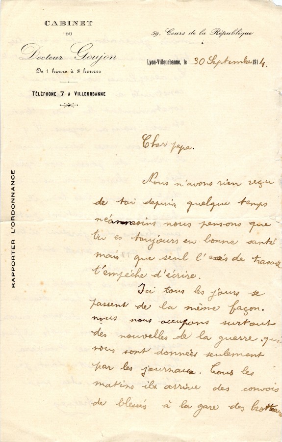 Lettre dArsne Goujon  son pre Lazare Goujon, 30 septembre 1914. AMV, fonds R. Fisher, 13Z1 - 1/2