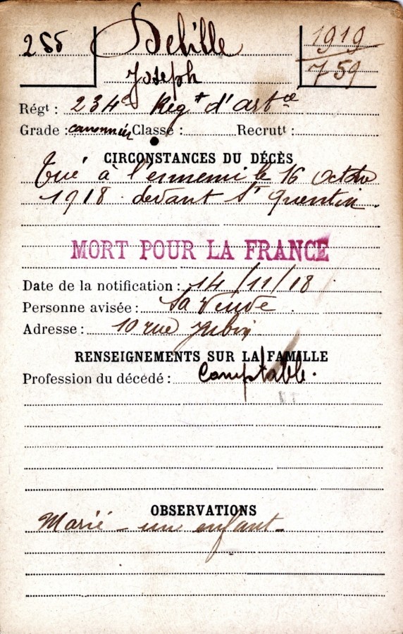 Fichier alphabétique des victimes de la guerre, 1919. AMV, 5H6