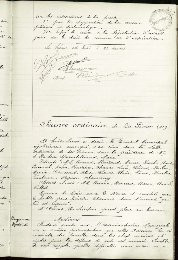 Dlibration du conseil municipal de Villeurbanne, programme municipal, 20 fvrier 1919. AMV, 1D274 - 1/2