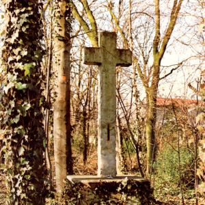 La croix du Luizet dans le parc de la maison Thouverez, avant son retour au domaine public en 2005, carte postale (AMV 2Fi128)
