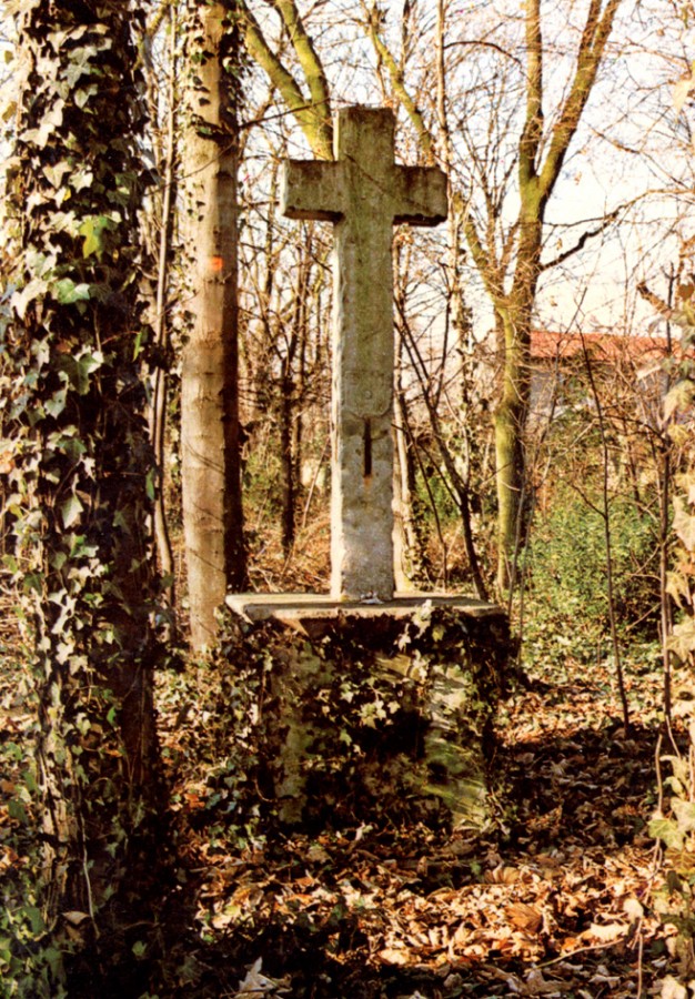 La croix du Luizet dans le parc de la maison Thouverez, avant son retour au domaine public en 2005, carte postale (AMV 2Fi128)