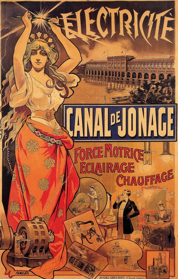 Affiche "Electricit canal de Jonage - Force motrice clairage chauffage" ,Tamagno,1900, Camis. Fonds documentaire EDF.