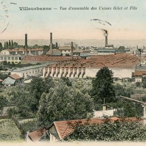 Villeurbanne, vue d'ensemble des usines Gillet. Carte postale d'aprs photographie, date de 1905. Archives municipales de Villeurbanne / le Rize, 2Fi198 . 