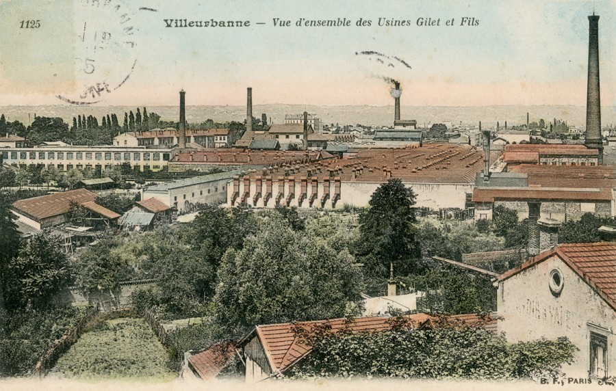 Villeurbanne, vue d'ensemble des usines Gillet. Carte postale d'aprs photographie, date de 1905. Archives municipales de Villeurbanne / le Rize, 2Fi198 . 