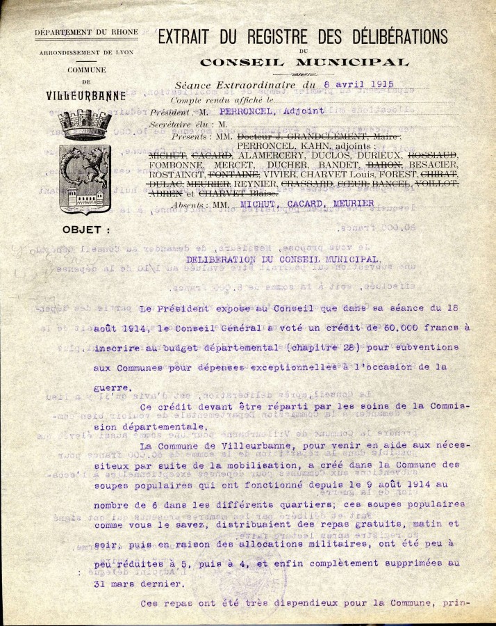 Extraits du registre des dlibrations du Conseil municipal, sance extraordinaire du 8 avril 1915, AMV.1/2