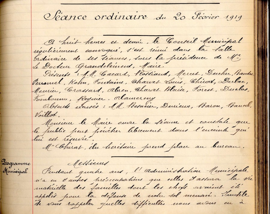 Dlibration du conseil municipal, sance ordinaire du 20 fvrier 1919. Archives municipales de Villeurbanne / Le Rize. 