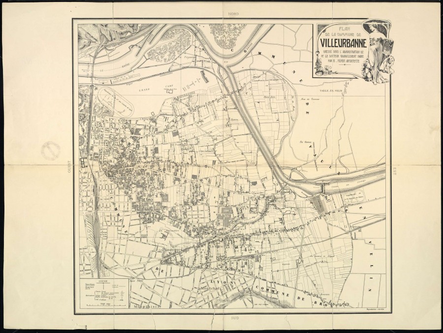 Plan de la commune de Villeurbanne en 1910, Bernard Monin [auteur], architecte. Archives municipales de Villeurbanne / Le Rize, 6 Fi 16.