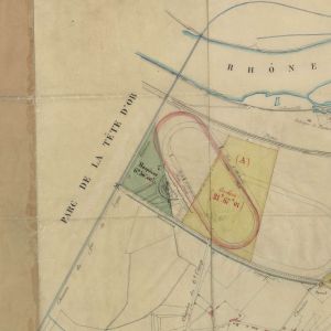 6Fi8 : plan de 1869 montrant le territoire de La Doua après création de l'hippodrome à l'ouest et les terrains militaires à l'est