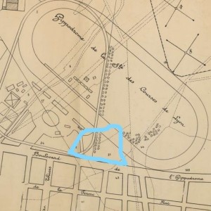 Localisation de l'emprise actuelle du square de la Doua sur un plan du Grand Camp de 1935 (6fi21)
