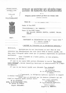 Extrait du registre des délibérations municipales, séance du 16 septembre 1940 : changement de dénomination des rues "Louis Goux" et "Daniel Llacer".